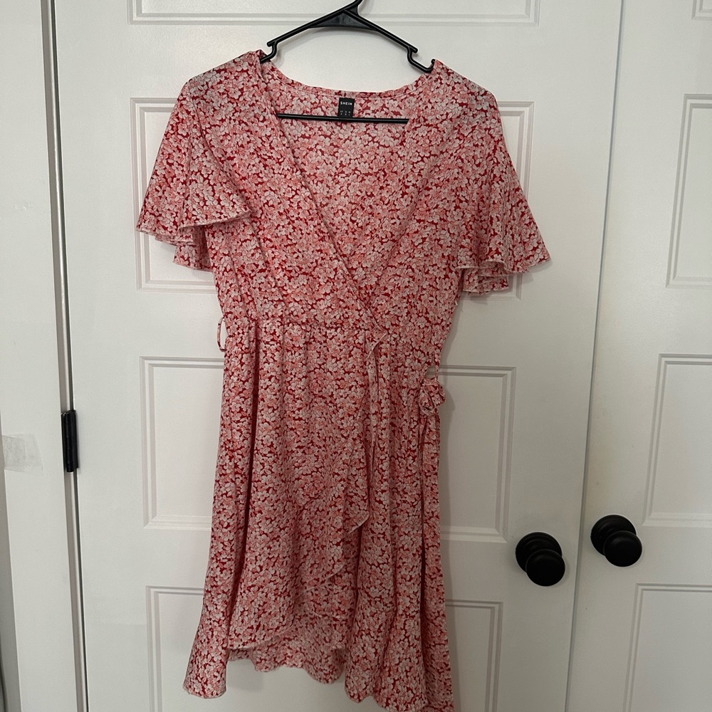 SHEIN Pink Floral Wrap Mini Dress